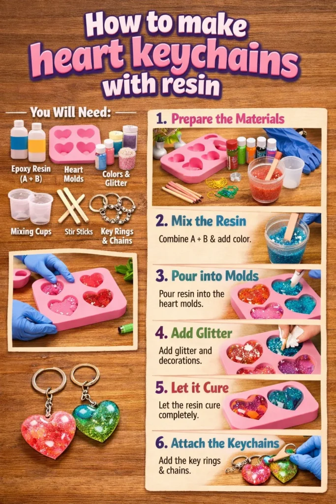DIY heart keychains made with resin materials and colorful designs.