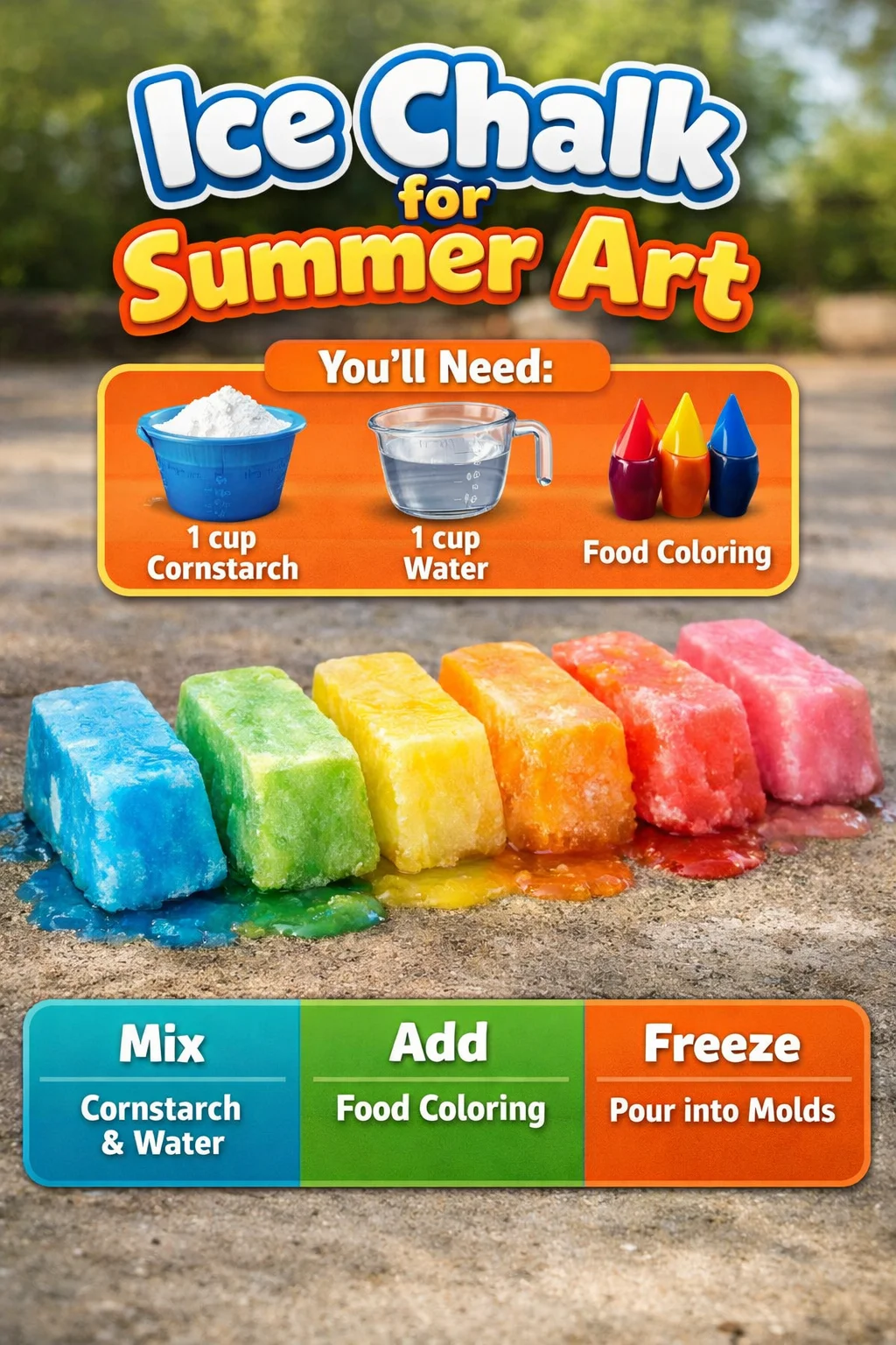 Children using Ice Chalk for summer art activities on pavement.