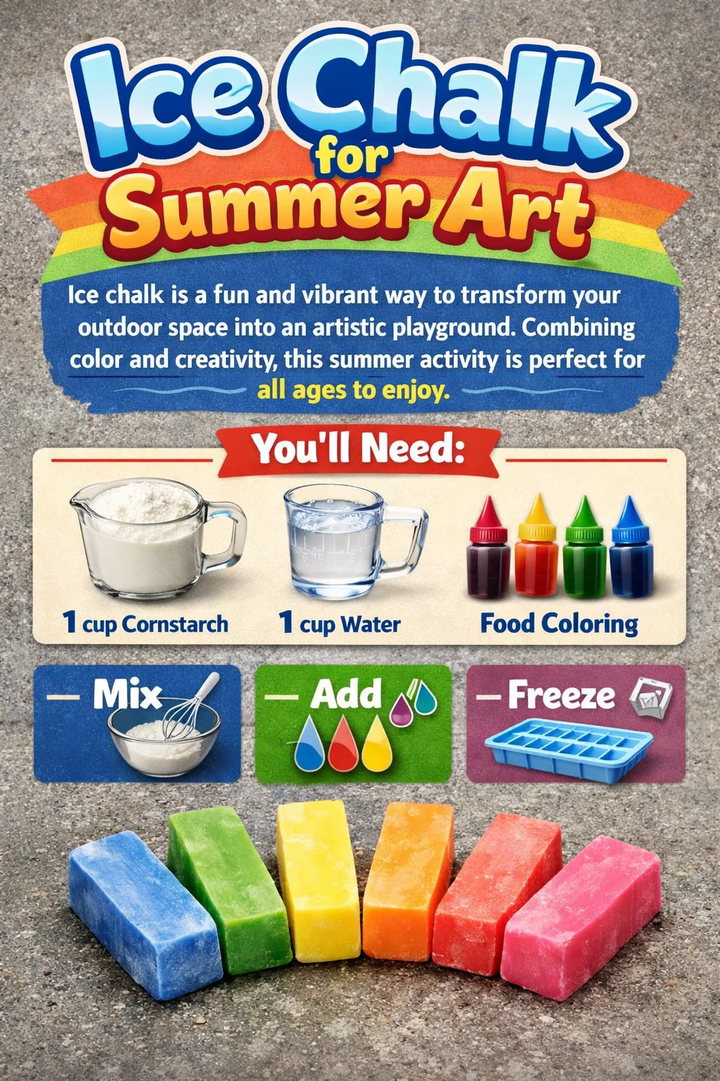 Colorful ice chalk art transforming an outdoor space into a creative playground.