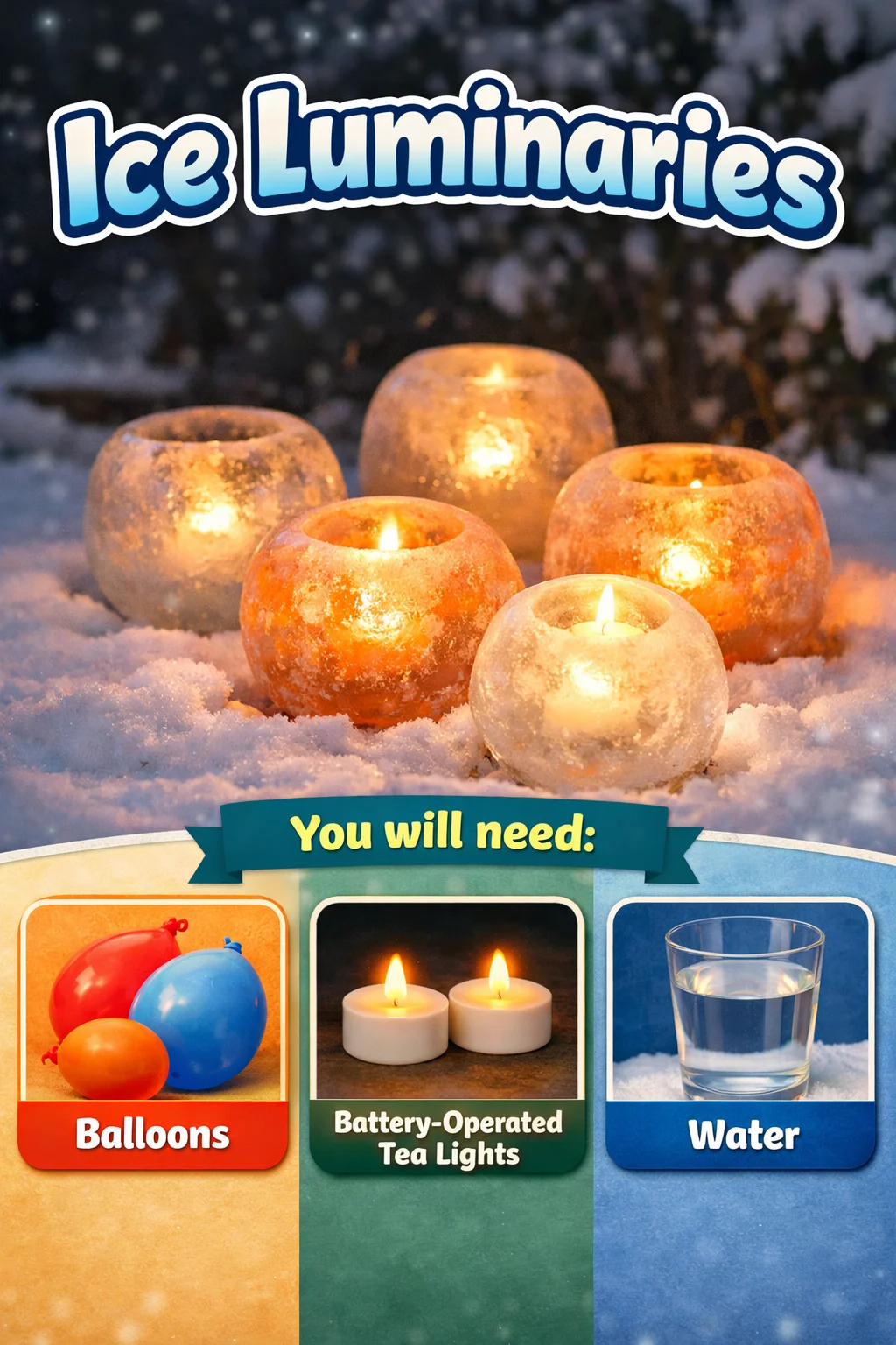 Beautifully crafted ice luminaries glowing in a winter landscape