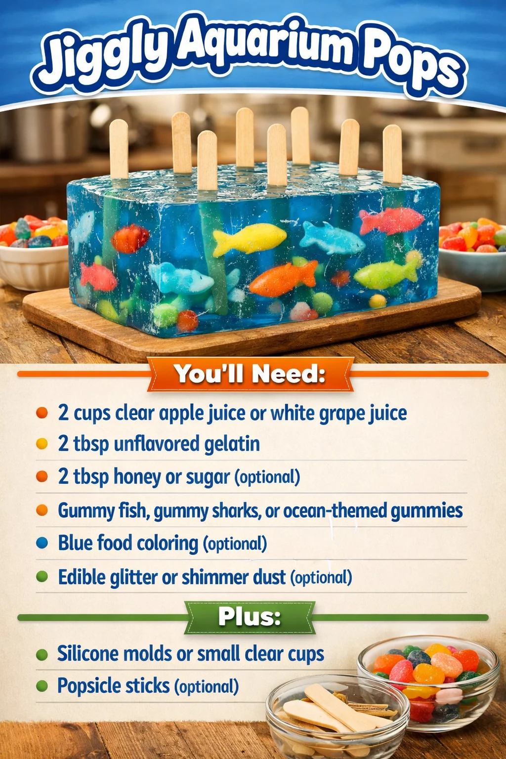 Colorful and jiggly aquarium pops in vibrant aquatic shapes.