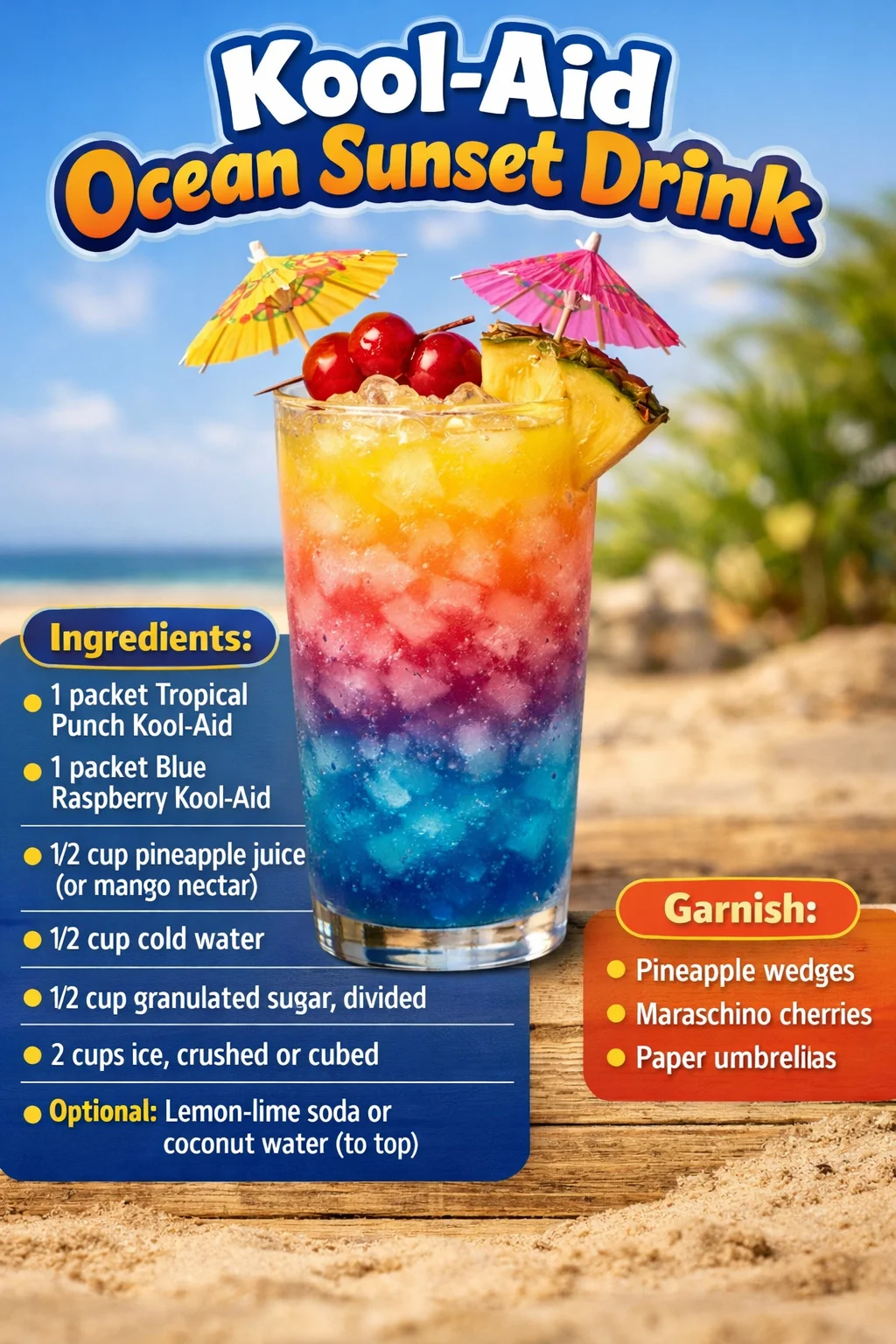 Kool-Aid Ocean Sunset Drink served in a colorful glass with ice and fruit garnishes.