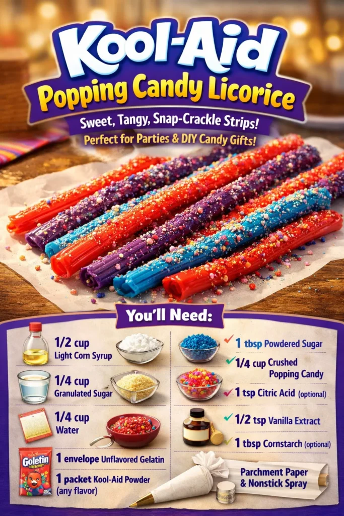 Kool-Aid Popping Candy Licorice packaging and colorful popping candies