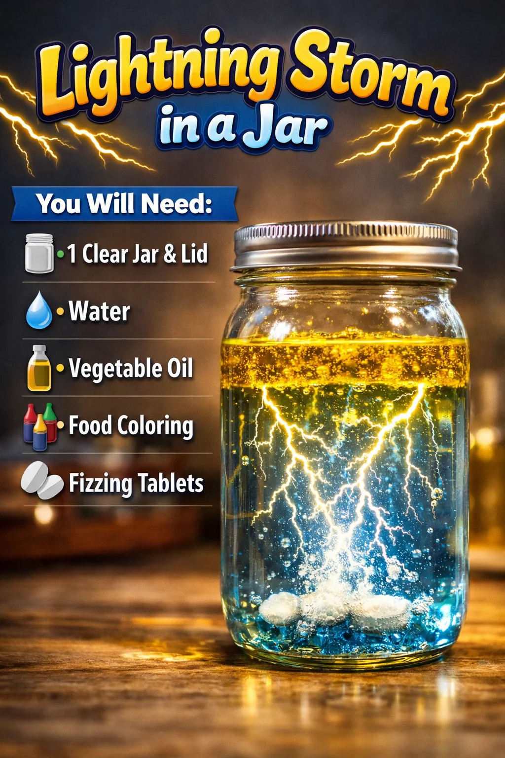 DIY project showcasing a lightning storm in a jar with vivid effects.