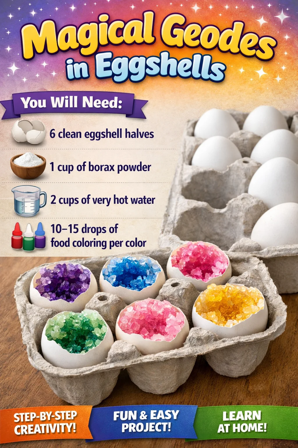 Colorful magical geodes created inside eggshells for decorative crafts