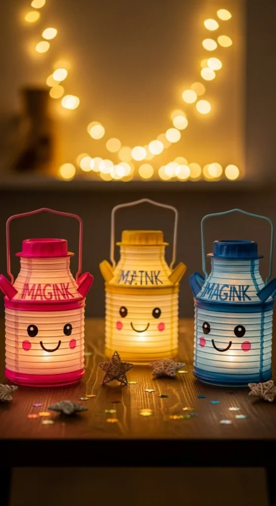 Creative milk jug lanterns adding charm and light to a cozy outdoor setting.