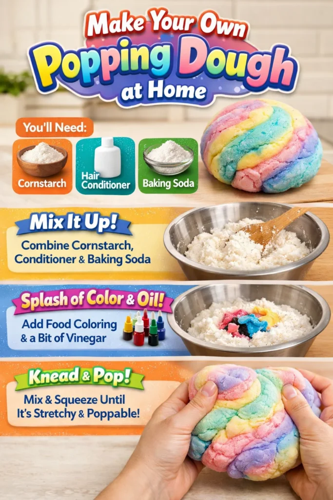 Homemade popping dough ingredients and colorful popping dough creations