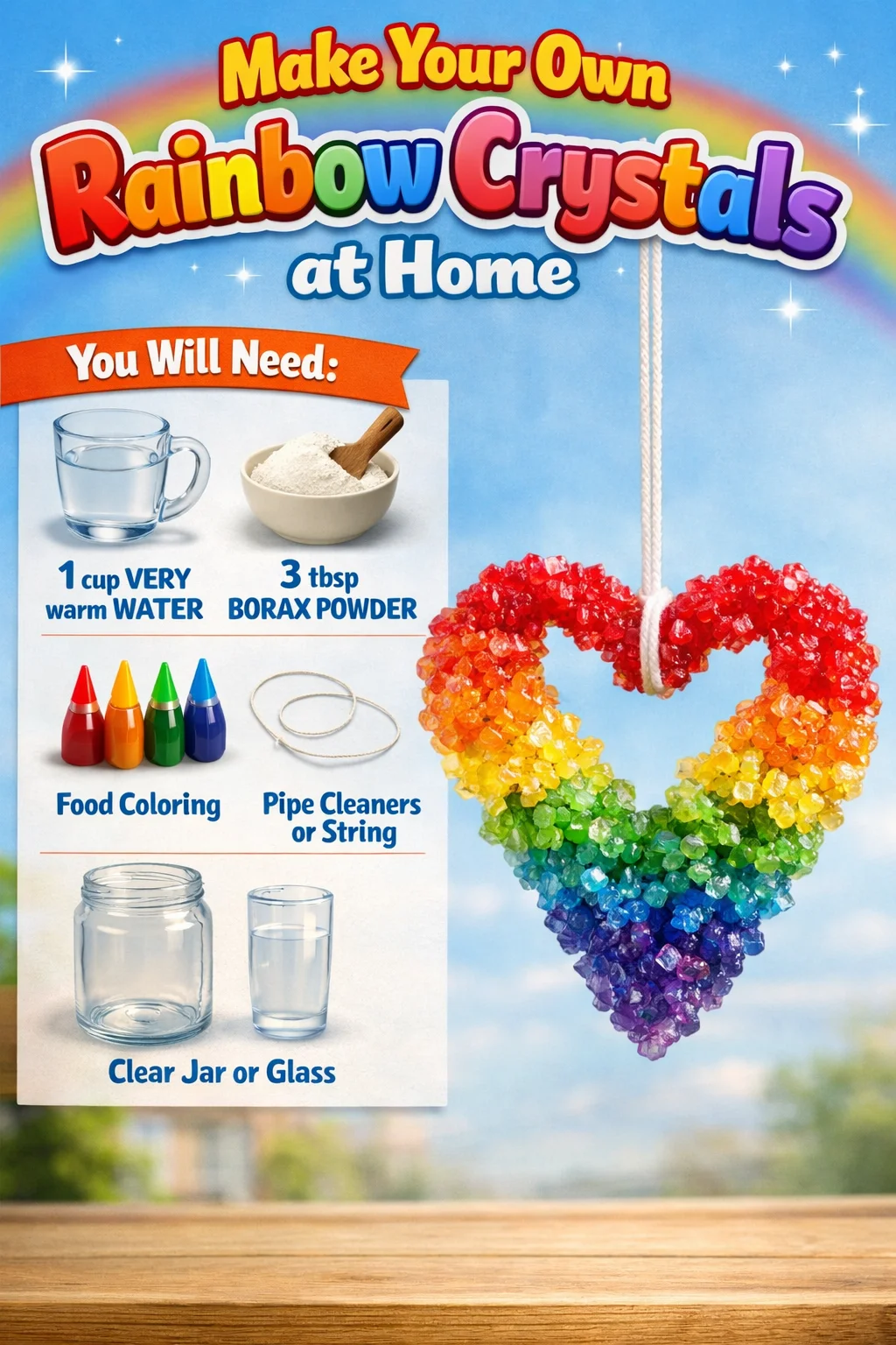 DIY rainbow crystals created at home using simple materials and techniques