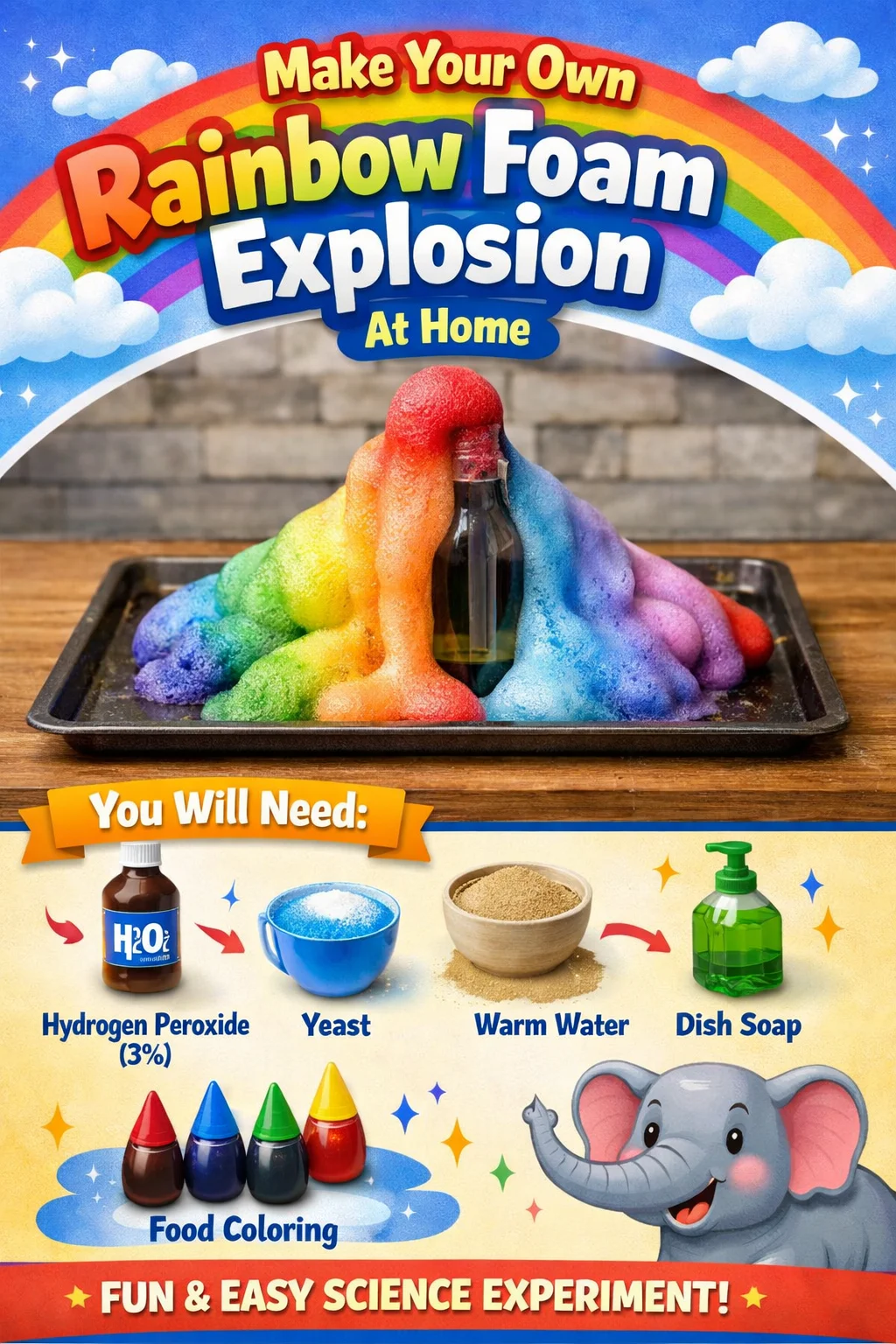 DIY rainbow foam explosion experiment at home with vibrant colors