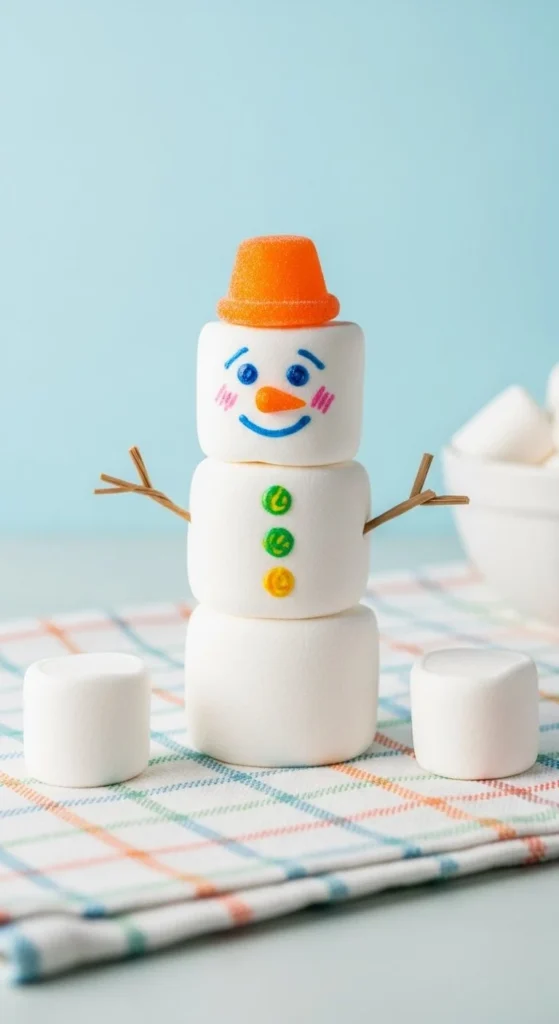 A cheerful Marshmallow Snowman craft made with marshmallows and candy decorations.