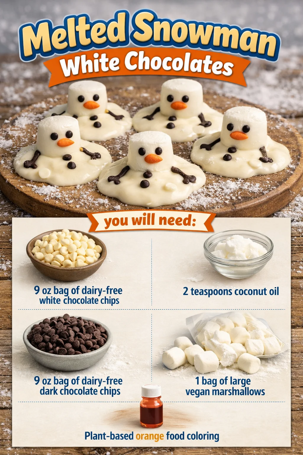 Melted snowman white chocolates shaped for festive holidays