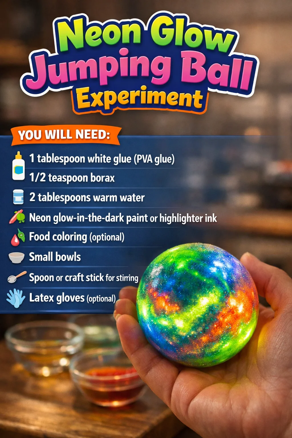 A neon glow ball bouncing during a science experiment on jumping effects.