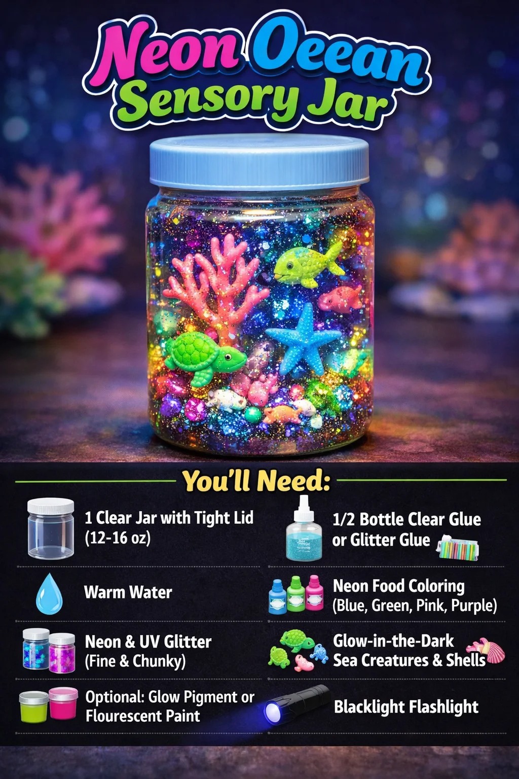 Colorful Neon Ocean Sensory Jar filled with vibrant, calming materials for sensory exploration.