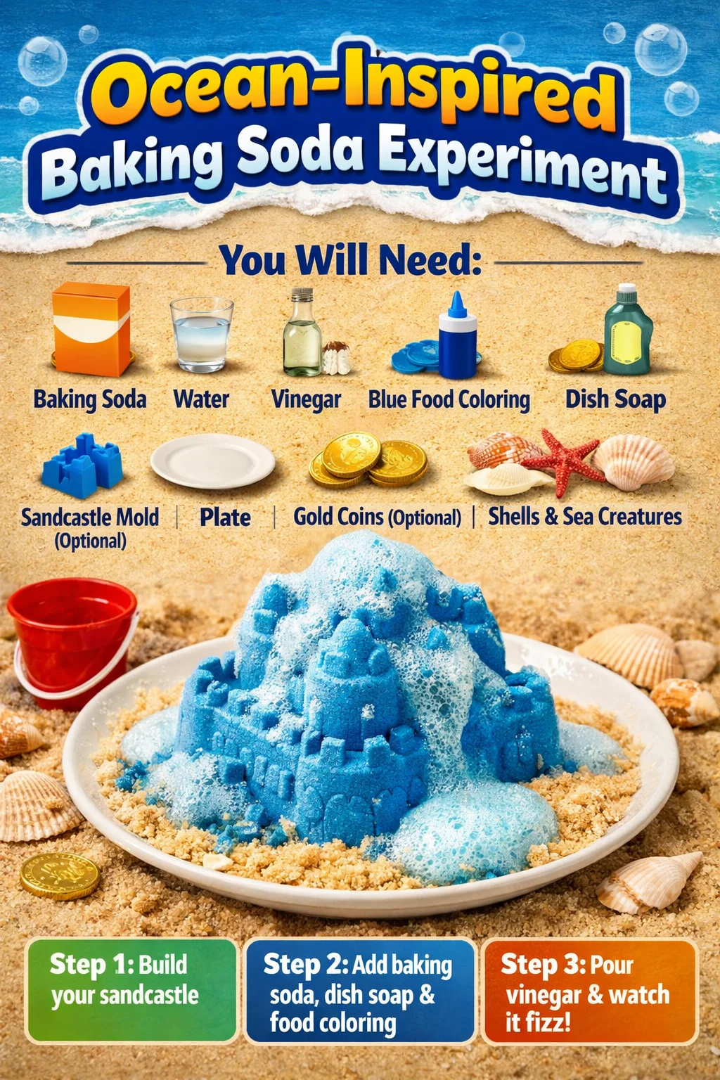 Ocean-inspired baking soda experiment demonstrating fun scientific reactions.