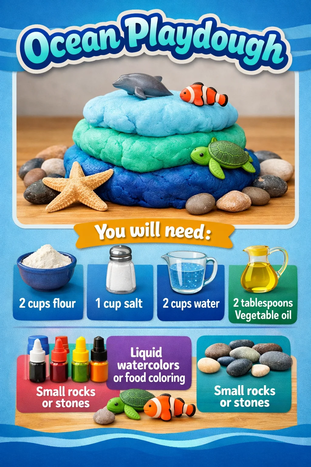 Colorful ocean playdough for beach-themed art and sensory activities