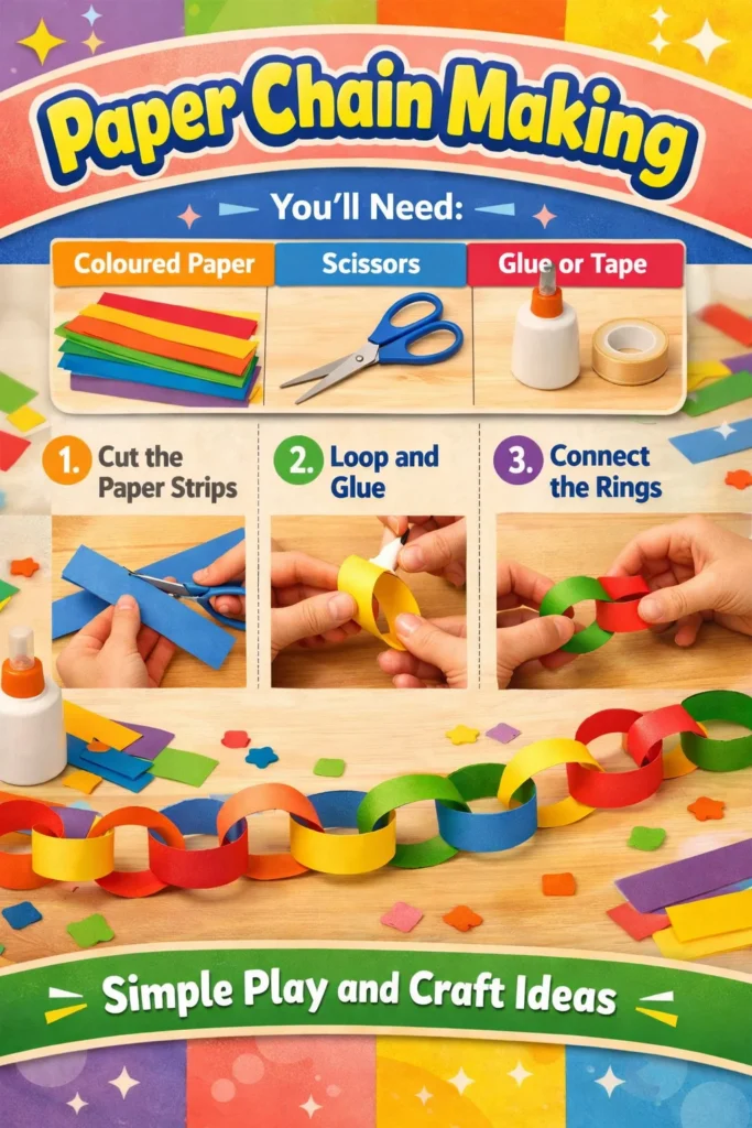 Colorful paper chain decorations made from various colored paper strips.