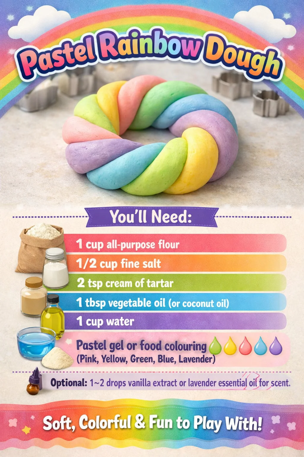 Colorful pastel rainbow dough for creative play and craft activities