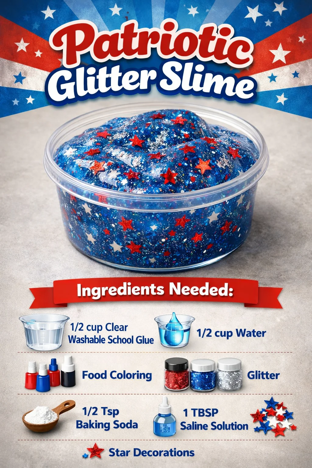 Patriotic glitter slime in red, white, and blue colors for July 4th activities.