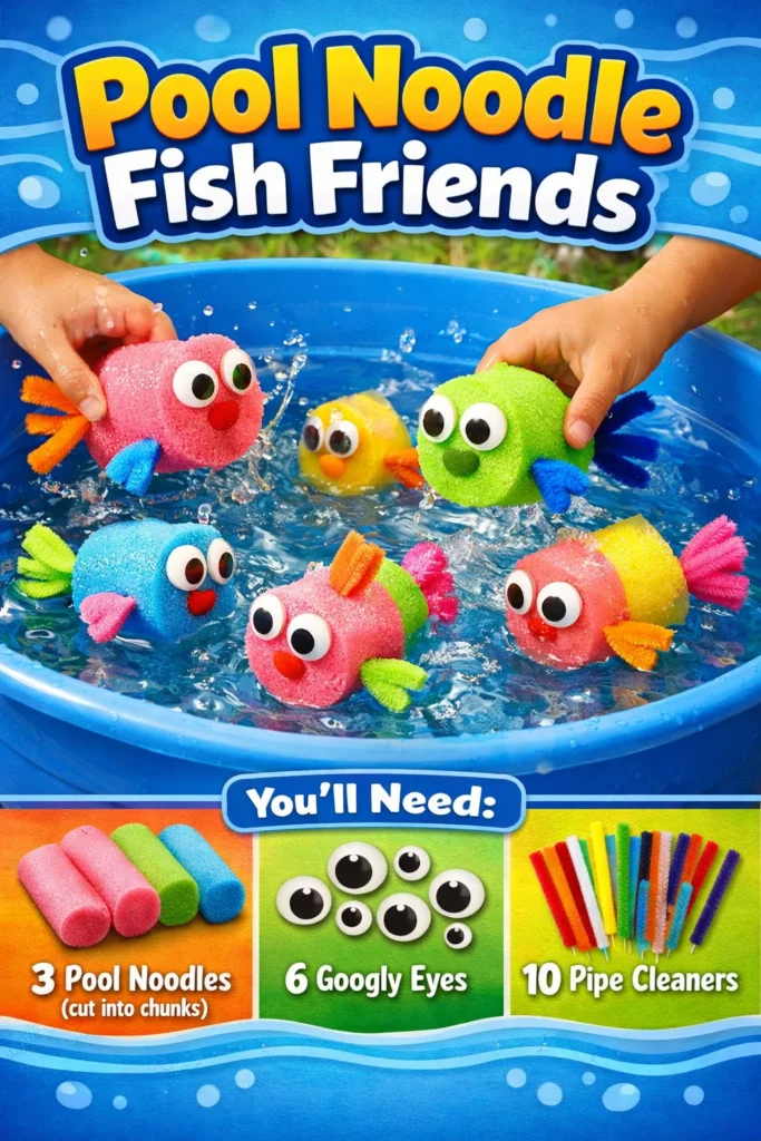 Colorful pool noodle fish friends for summer DIY crafts.