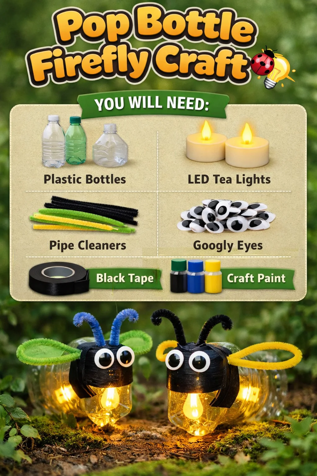Crafted pop bottle fireflies with LED lights glowing in the dark