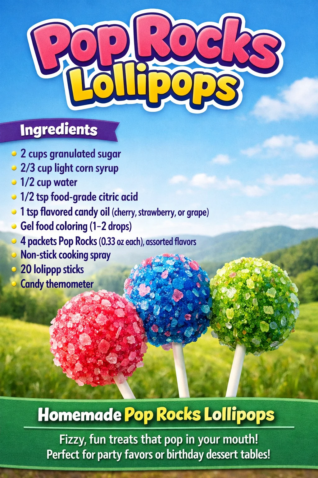 Colorful Pop Rocks Lollipops with fizzy candy coating in assorted flavors