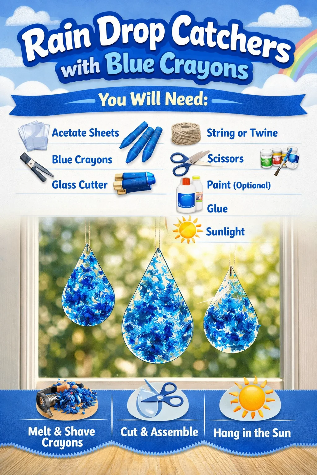 Colorful Rain Drop Catchers using Blue Crayons in a fun art project