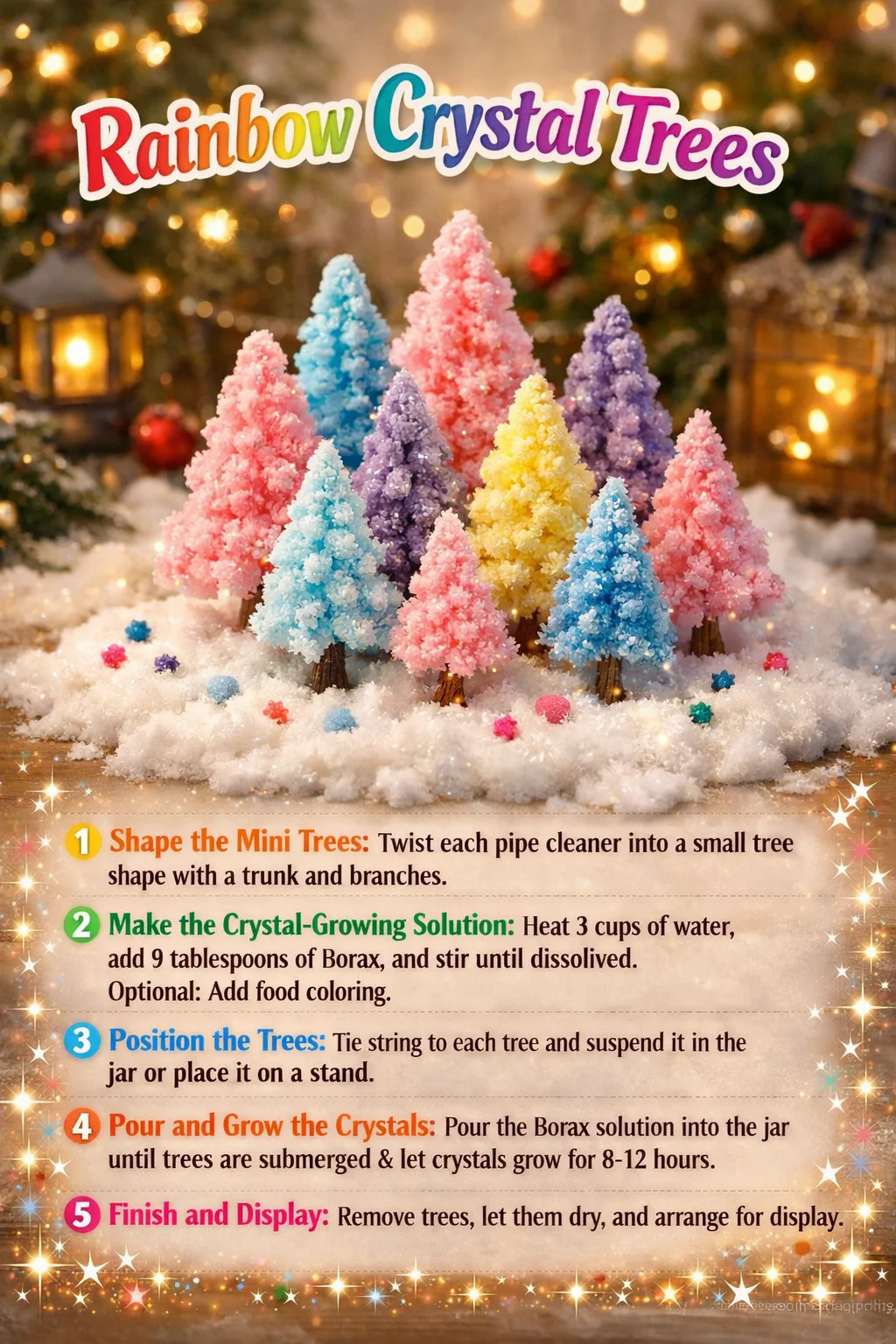 Stunning display of rainbow crystal trees in various colors and sizes
