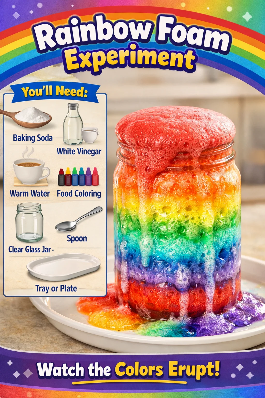 Rainbow Foam Experiment with colorful foam in a science activity