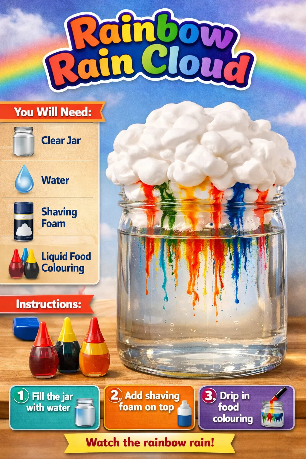 A vibrant rainbow rain cloud displaying various colors and capturing the beauty of nature.