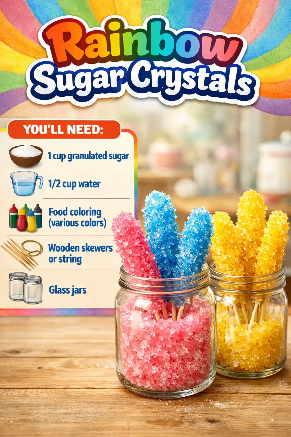 Vibrant rainbow sugar crystals for decorating desserts and treats.