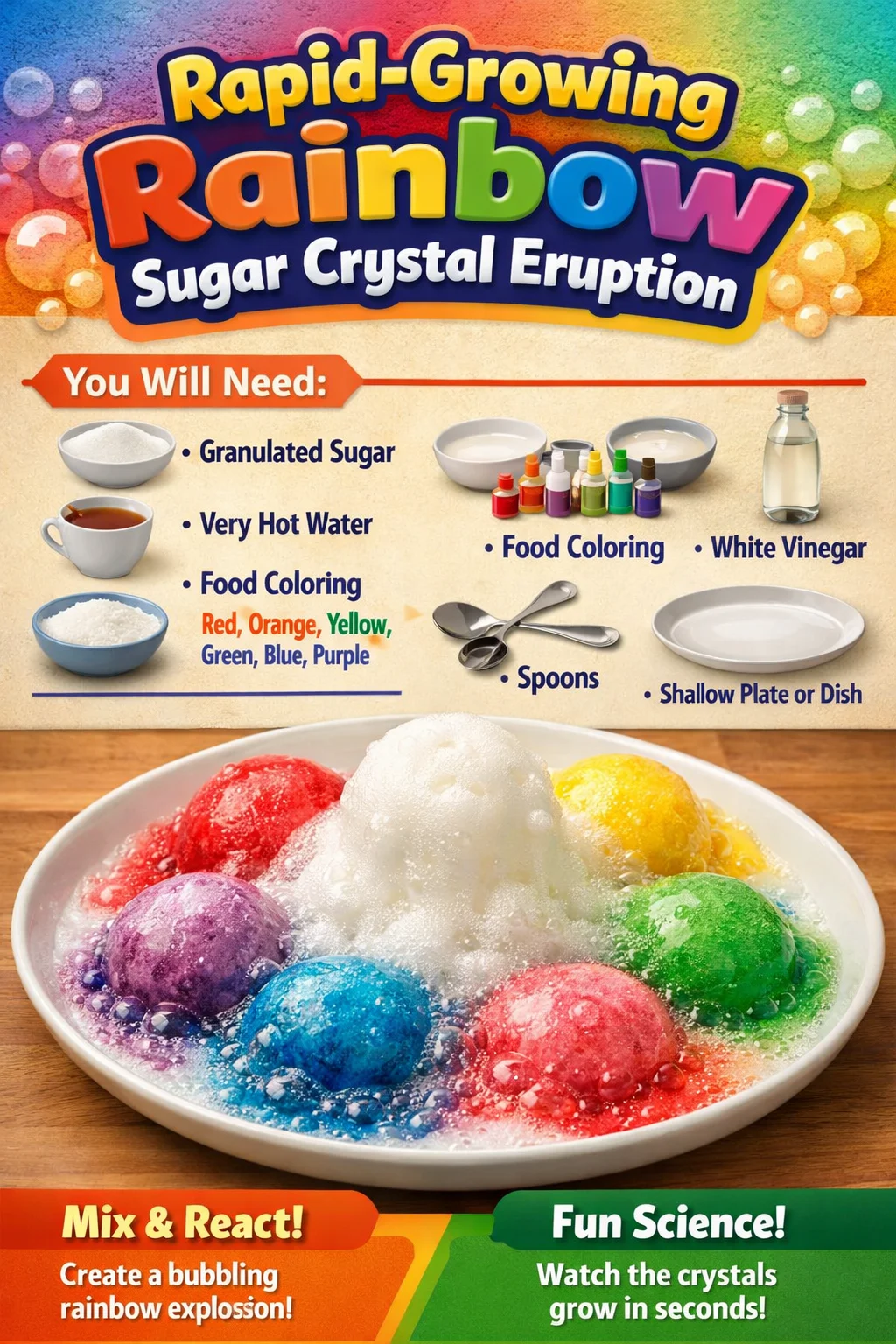 Colorful rainbow sugar crystal eruption in a glass container