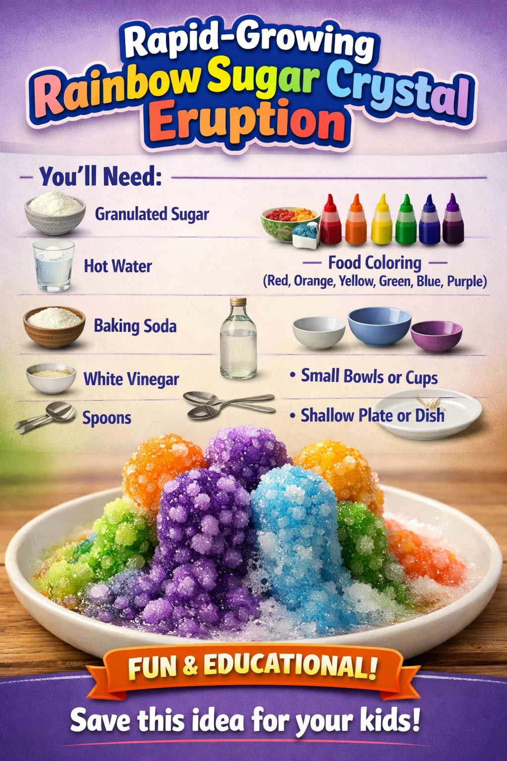 Vibrant rainbow sugar crystals forming through a rapid eruption process