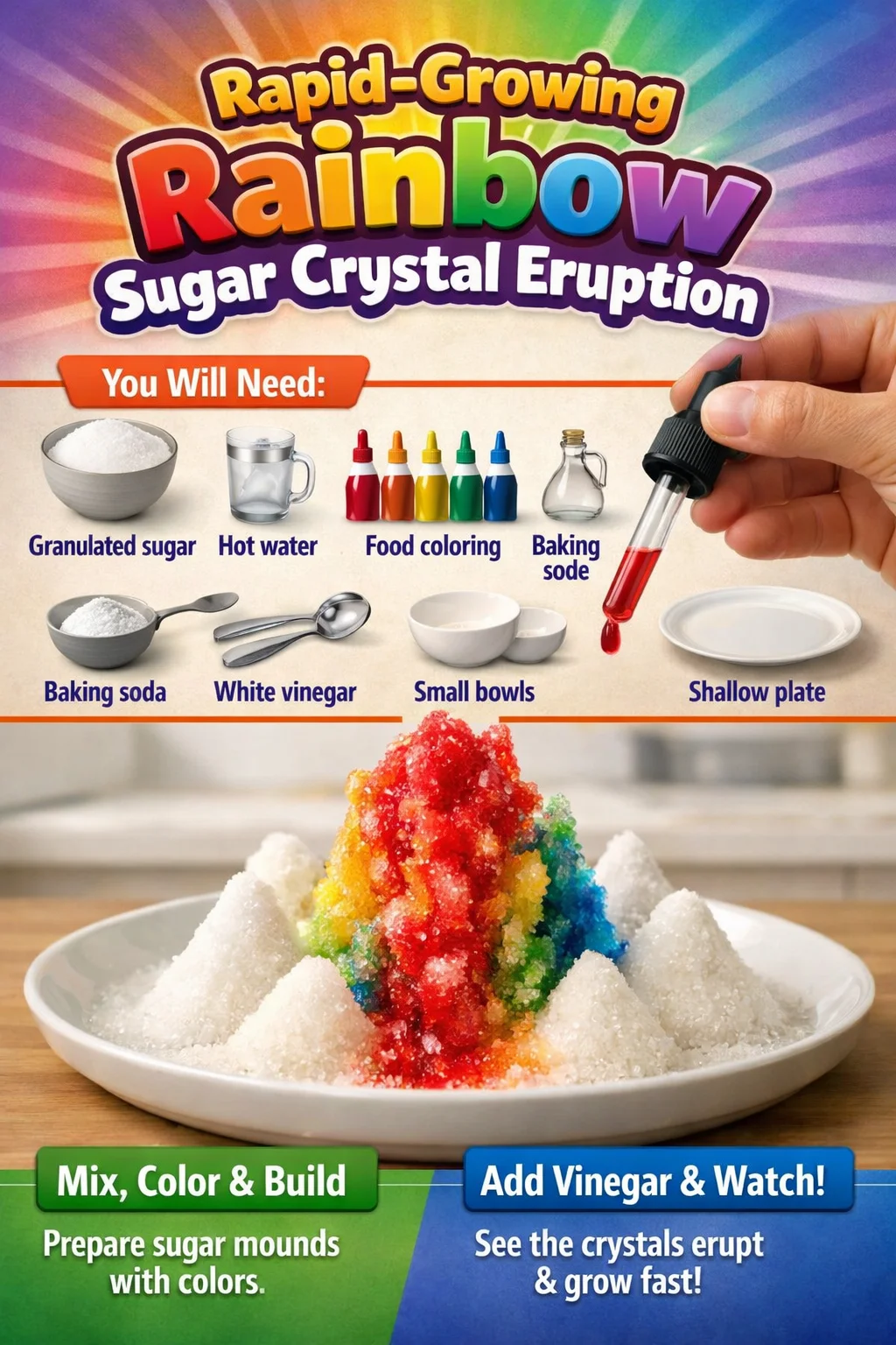 Rapid-growing Rainbow Sugar Crystal eruption in vibrant colors