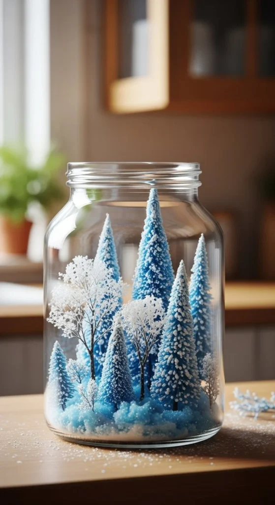 Homemade Snowstorm Jar filled with faux snowflakes and decorative elements