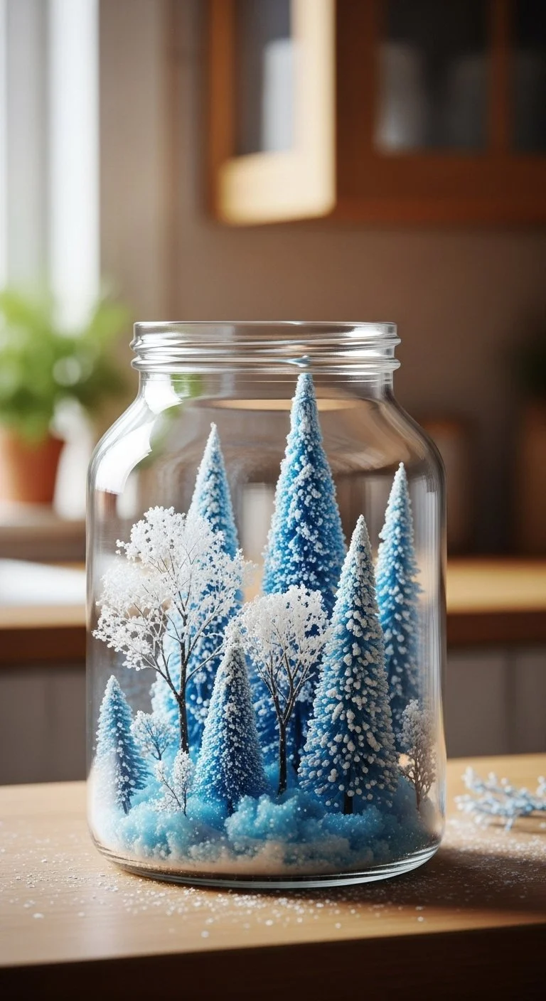 Homemade Snowstorm Jar filled with faux snowflakes and decorative elements