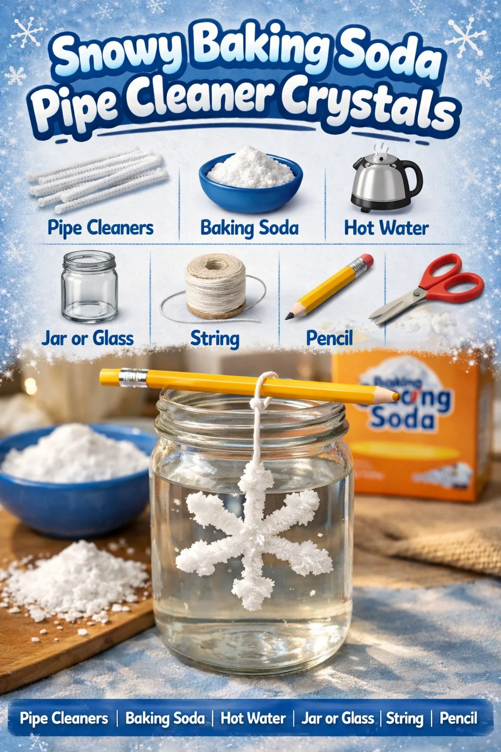 Snowy baking soda pipe cleaner crystals for effective cleaning