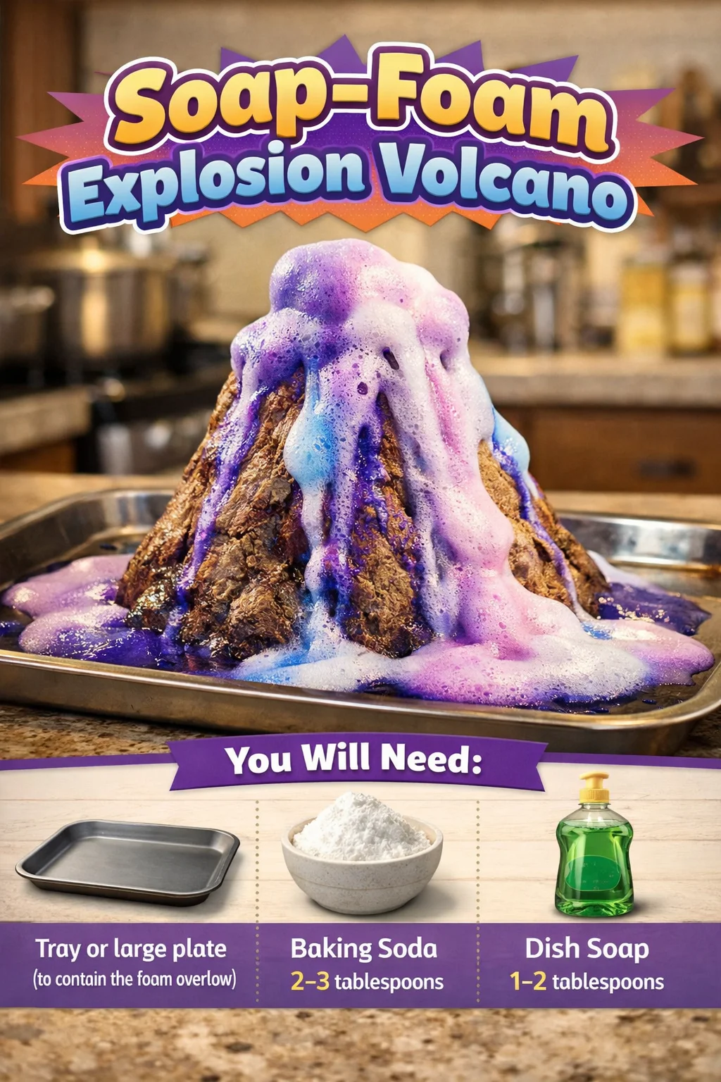 A vibrant soap-foam explosion volcano demonstrating a colorful eruption.