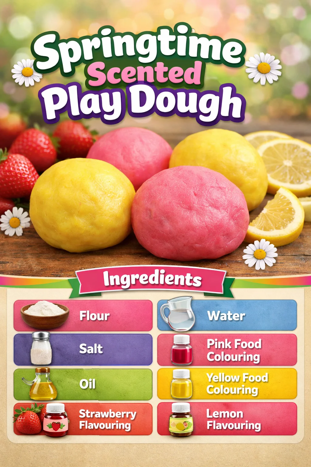 Colorful Springtime scented play dough in various shapes and colors