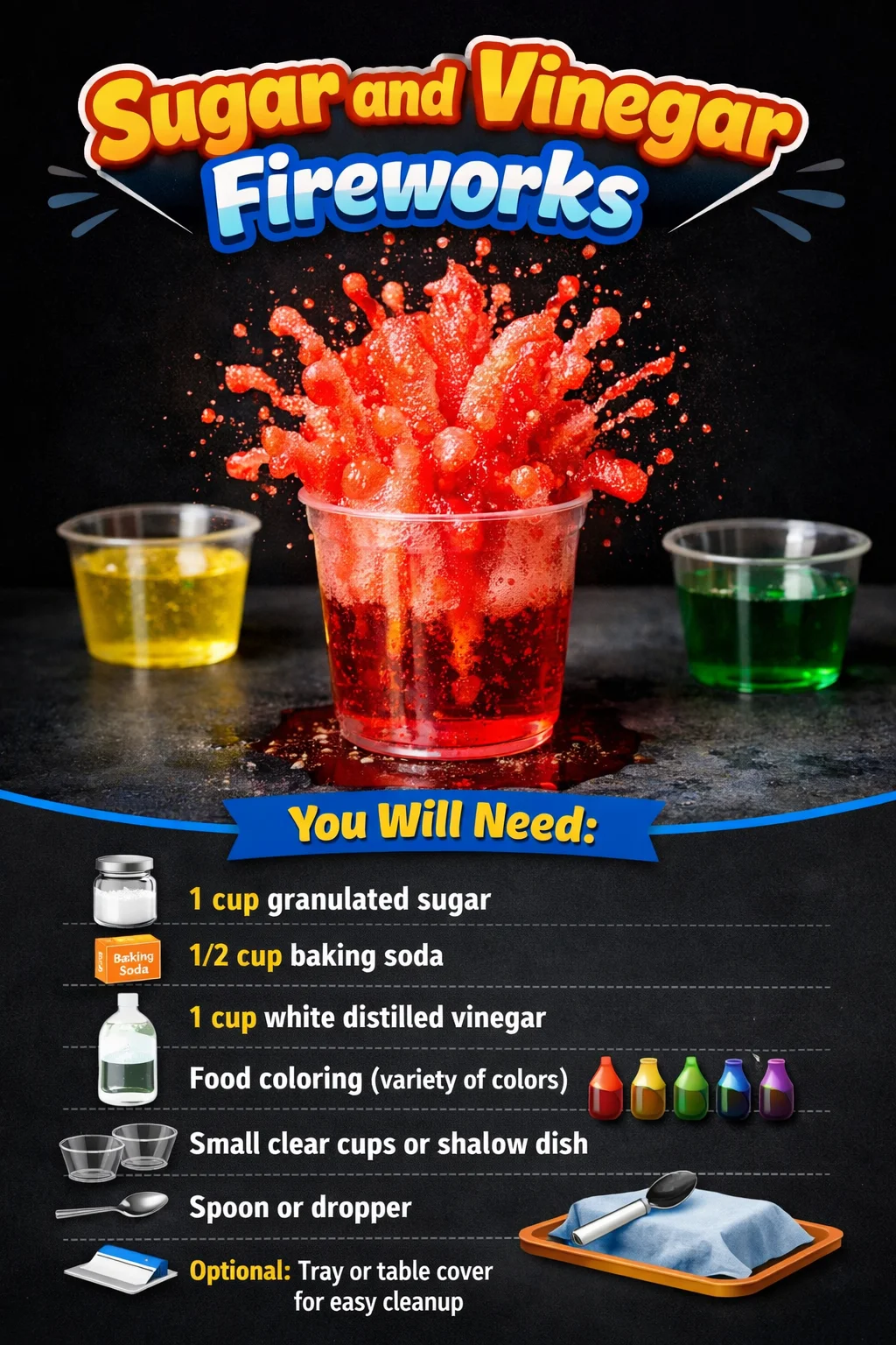 Colorful fireworks explosion created using sugar and vinegar experiments.