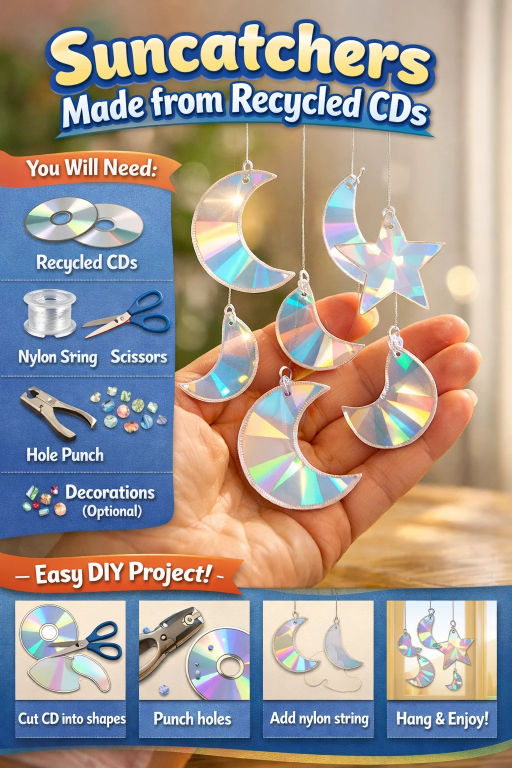 Colorful suncatchers made from recycled CDs hanging in sunlight