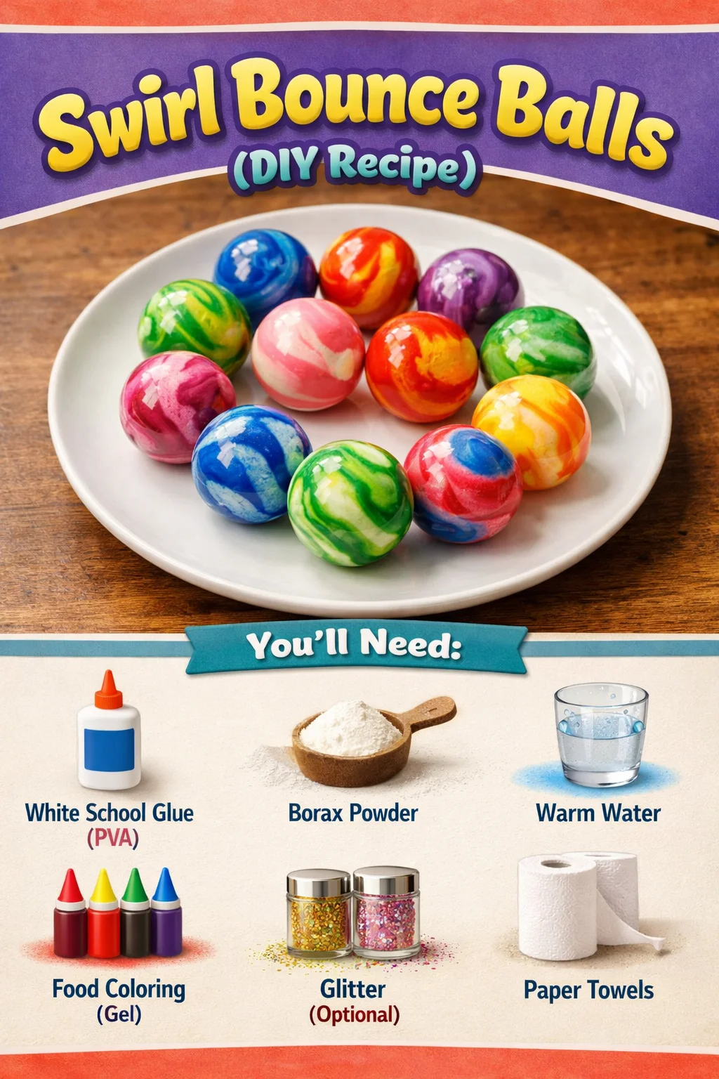 Colorful swirl bounce balls made with a simple DIY recipe for fun activities.