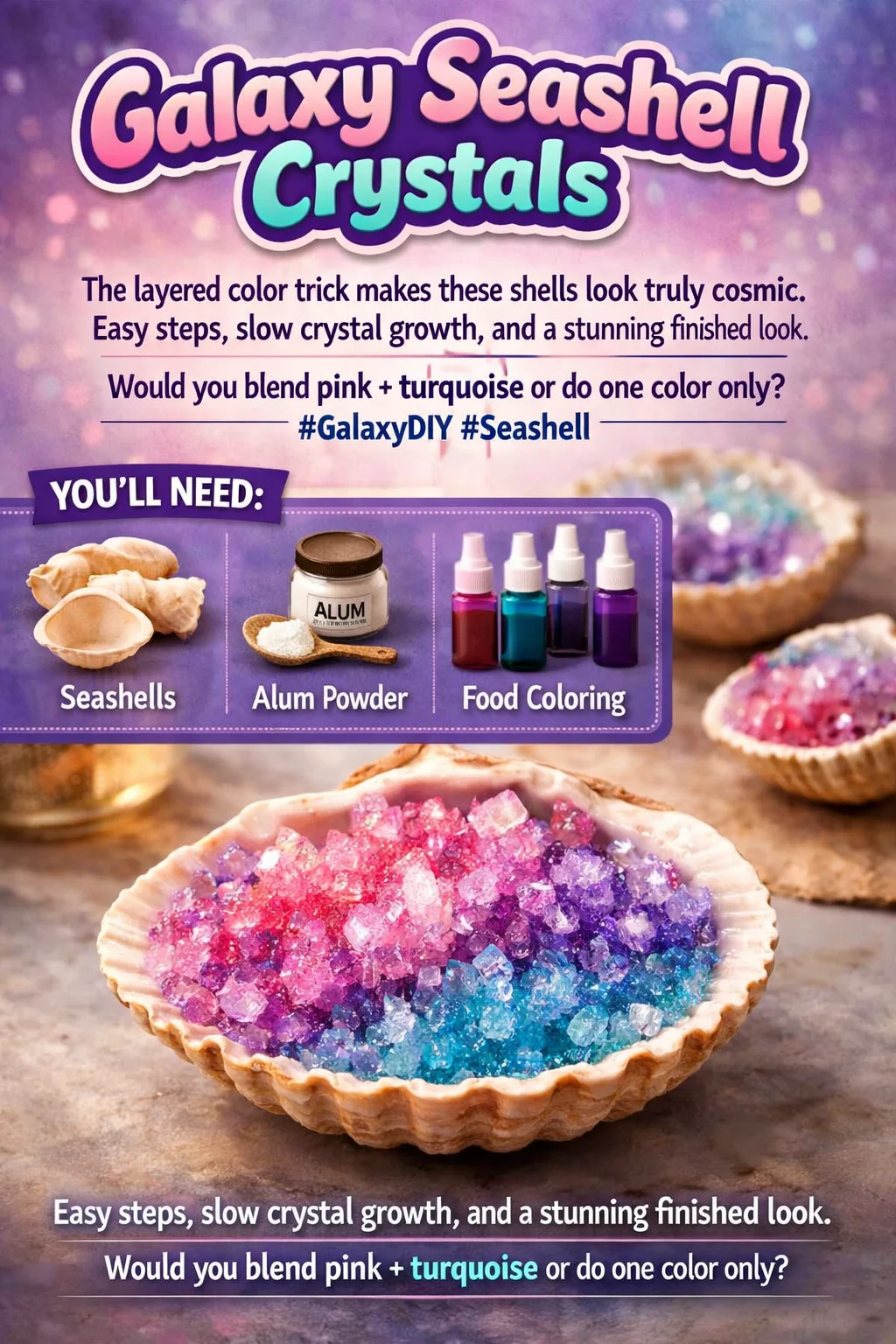 Colorful cosmic shells showcasing layered hues of pink and turquoise effects.