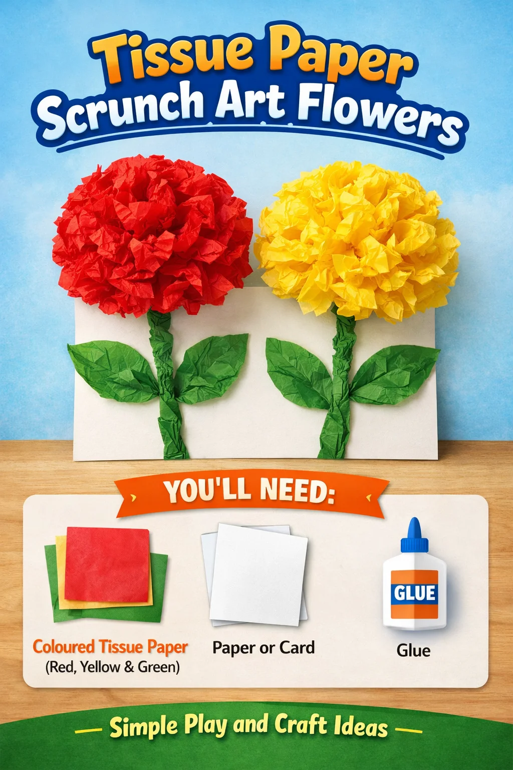 Colorful tissue paper scrunch art flowers displayed in a beautiful arrangement.