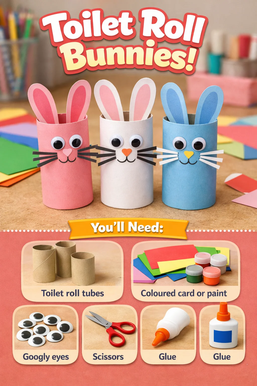Colorful Toilet Roll Bunnies craft for kids, showcasing DIY art ideas.