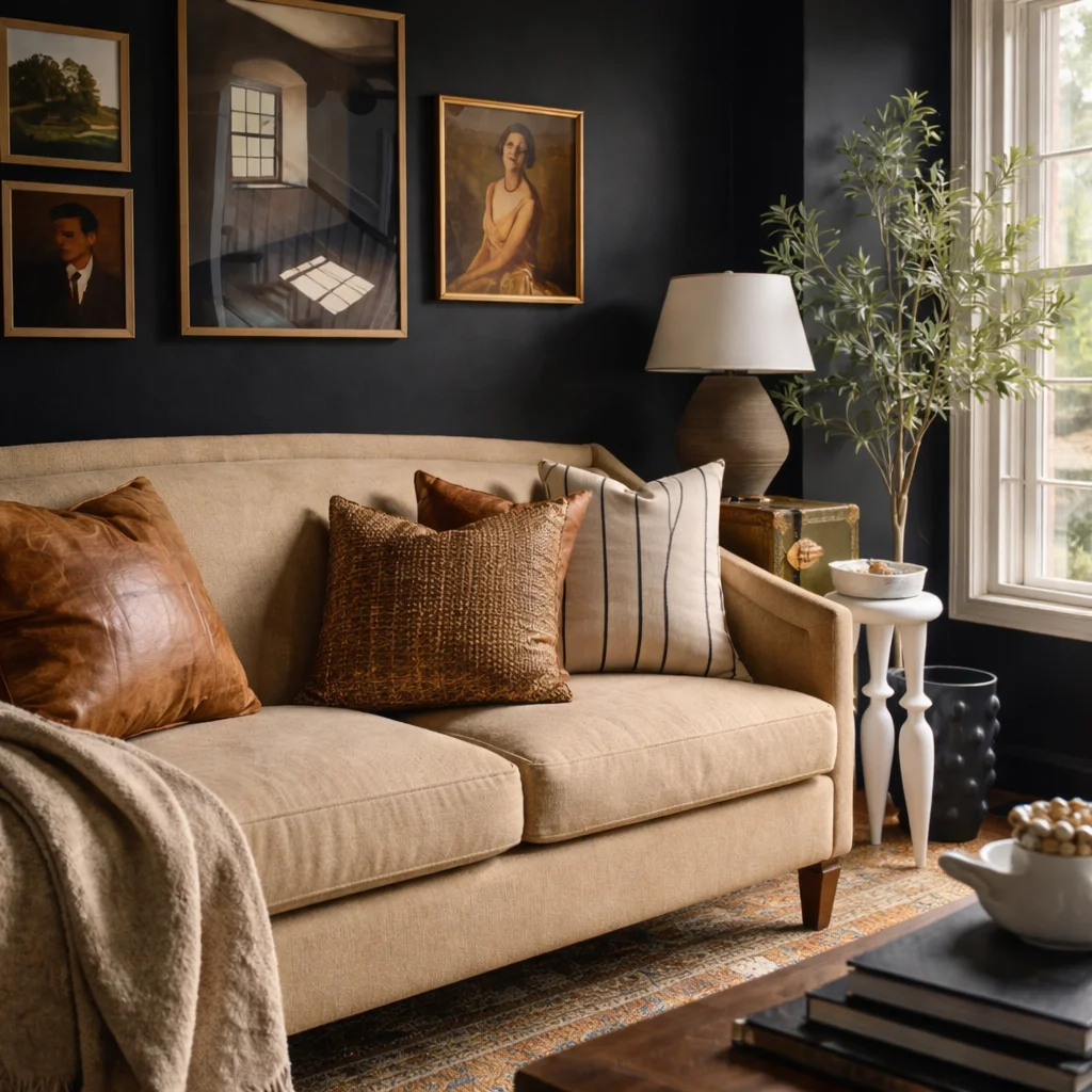 Dark and moody interior design in an apartment with rich, deep colors.