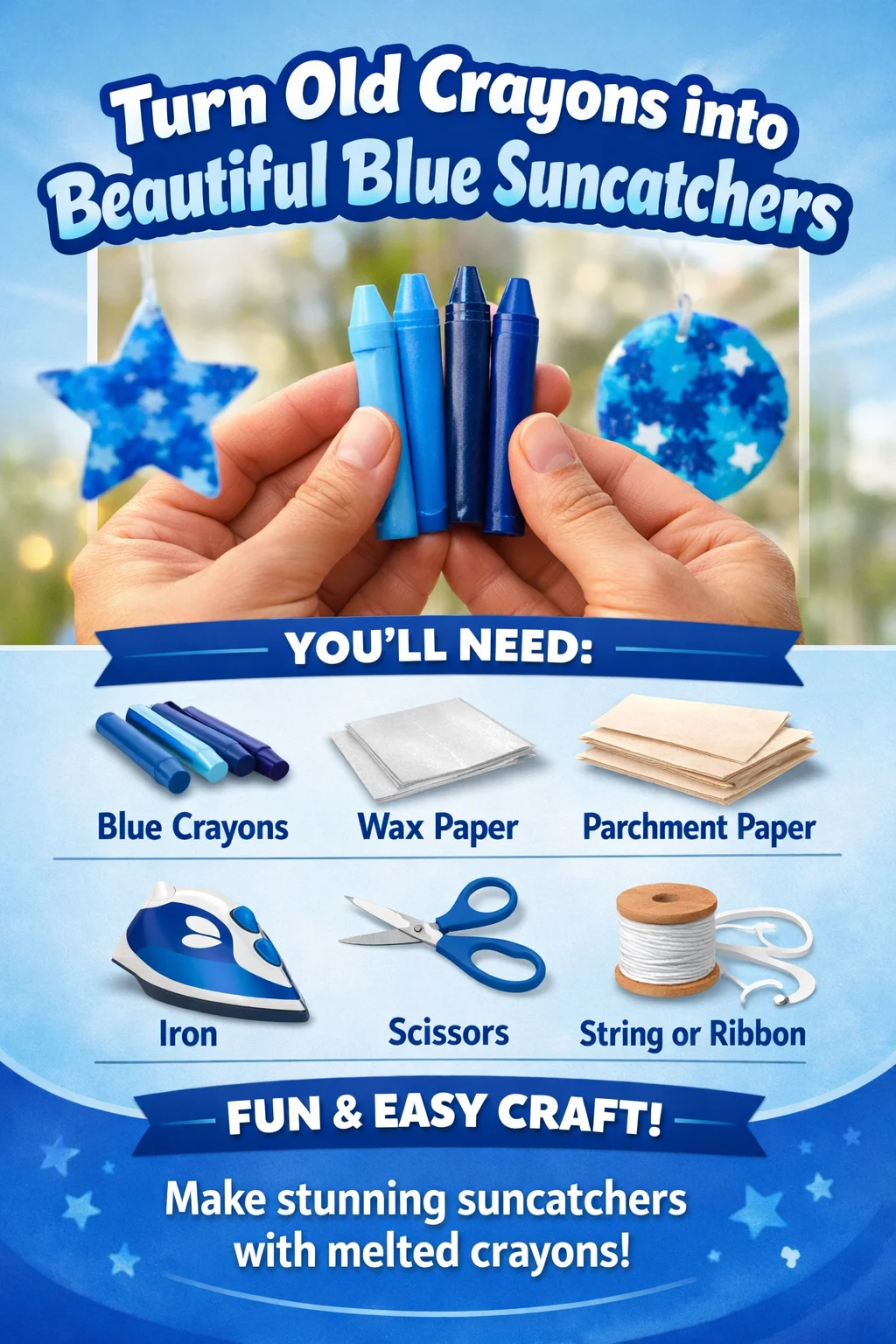 Homemade blue suncatchers made from melted old crayons