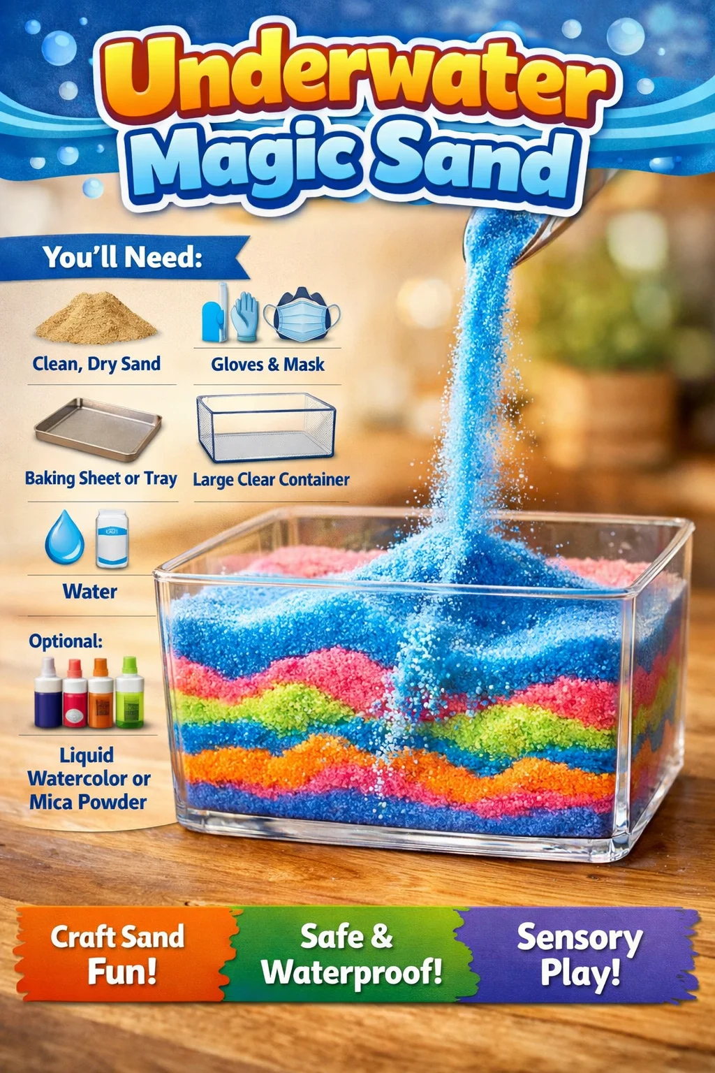 A vibrant underwater scene showcasing magic sand in various colors and textures.