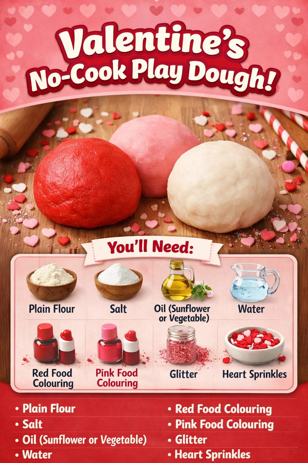 Homemade no-cook Valentine's play dough in heart shapes and vibrant colors