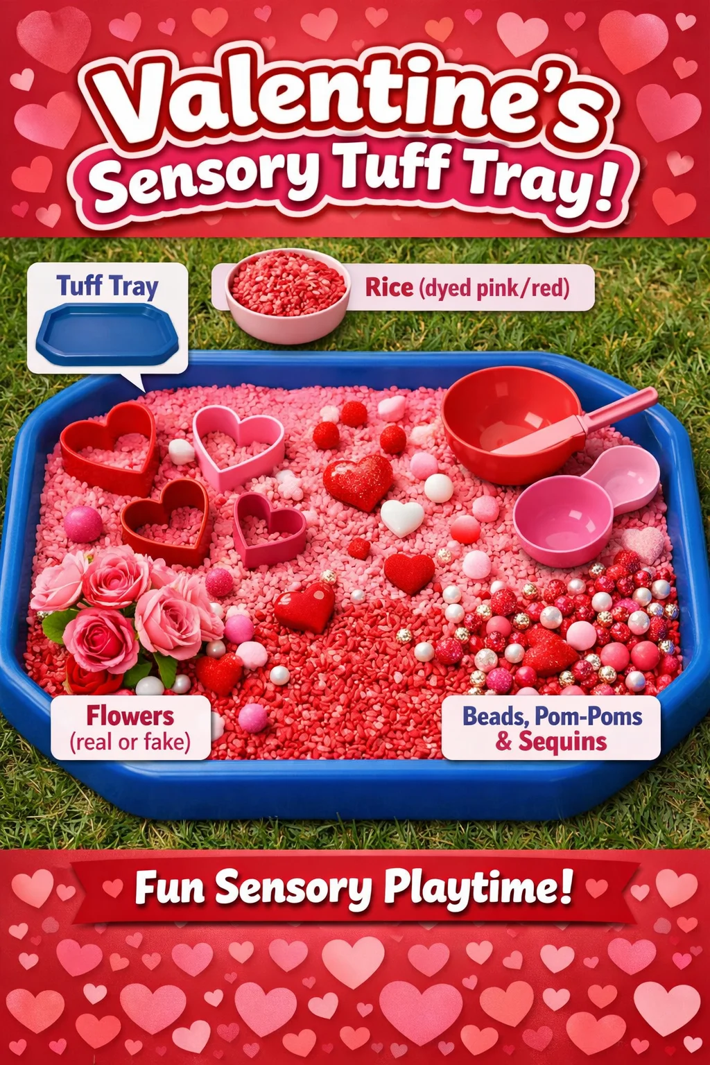 Valentine's Sensory Tuff Tray filled with colorful heart-shaped items for children