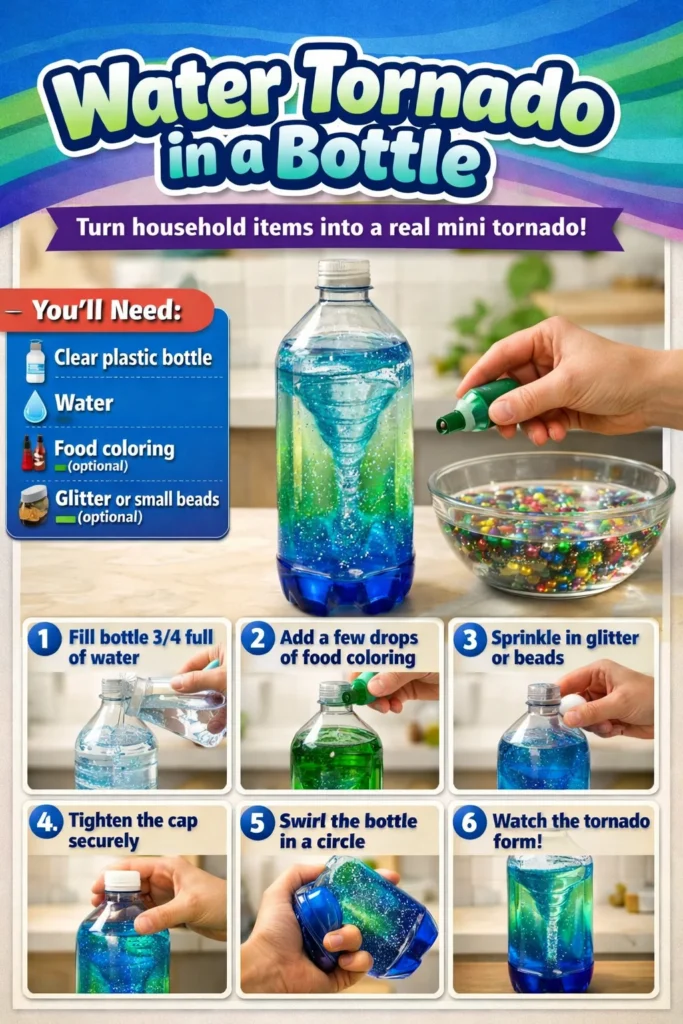 A visual demonstration of a water tornado in a bottle experiment